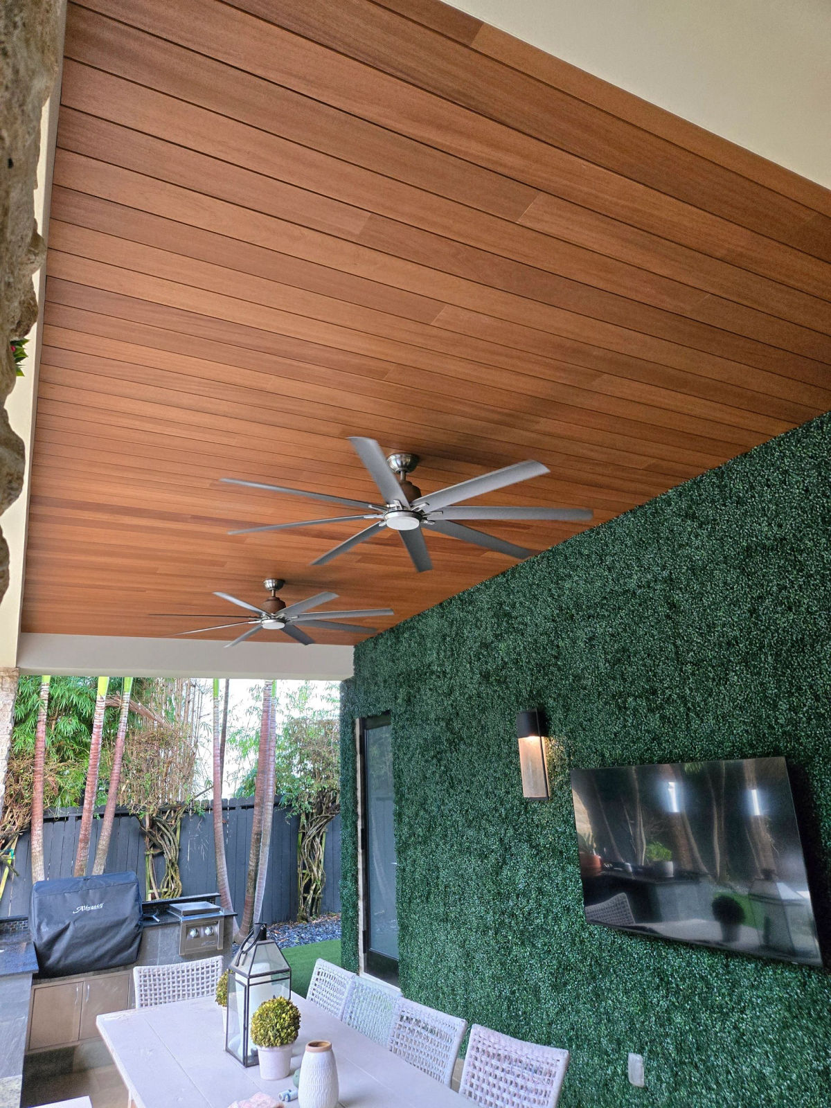 Maximo ThermoWood ceiling installation — outdoor covered area by Deckmasters