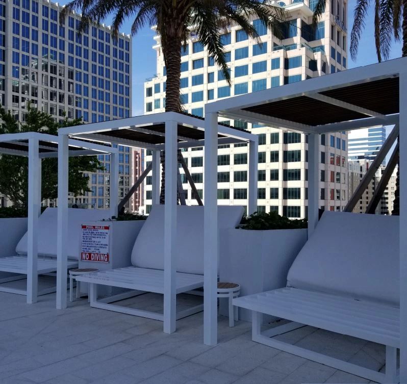 Cabana seating area — outdoor covered structure with Ipe decking